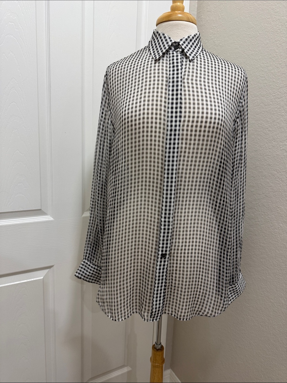 Theory Black White Gingham Silk Sheer Button Down Blouse Top Size M